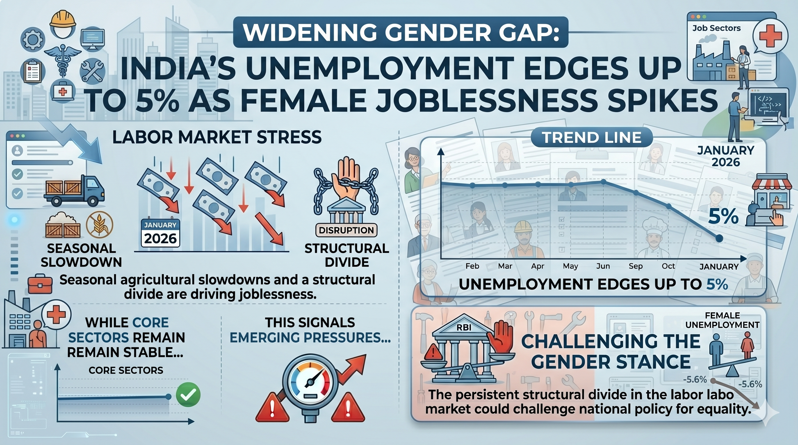 Widening Gender Gap: India’s Unemployment Edges Up to 5% as Female Joblessness Spikes