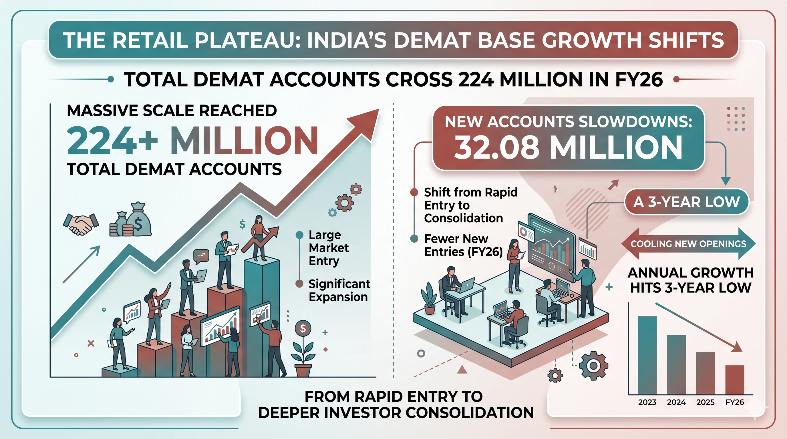 The Retail Plateau: India’s Demat Base Crosses 224 Million as Growth Hits 3-Year Low