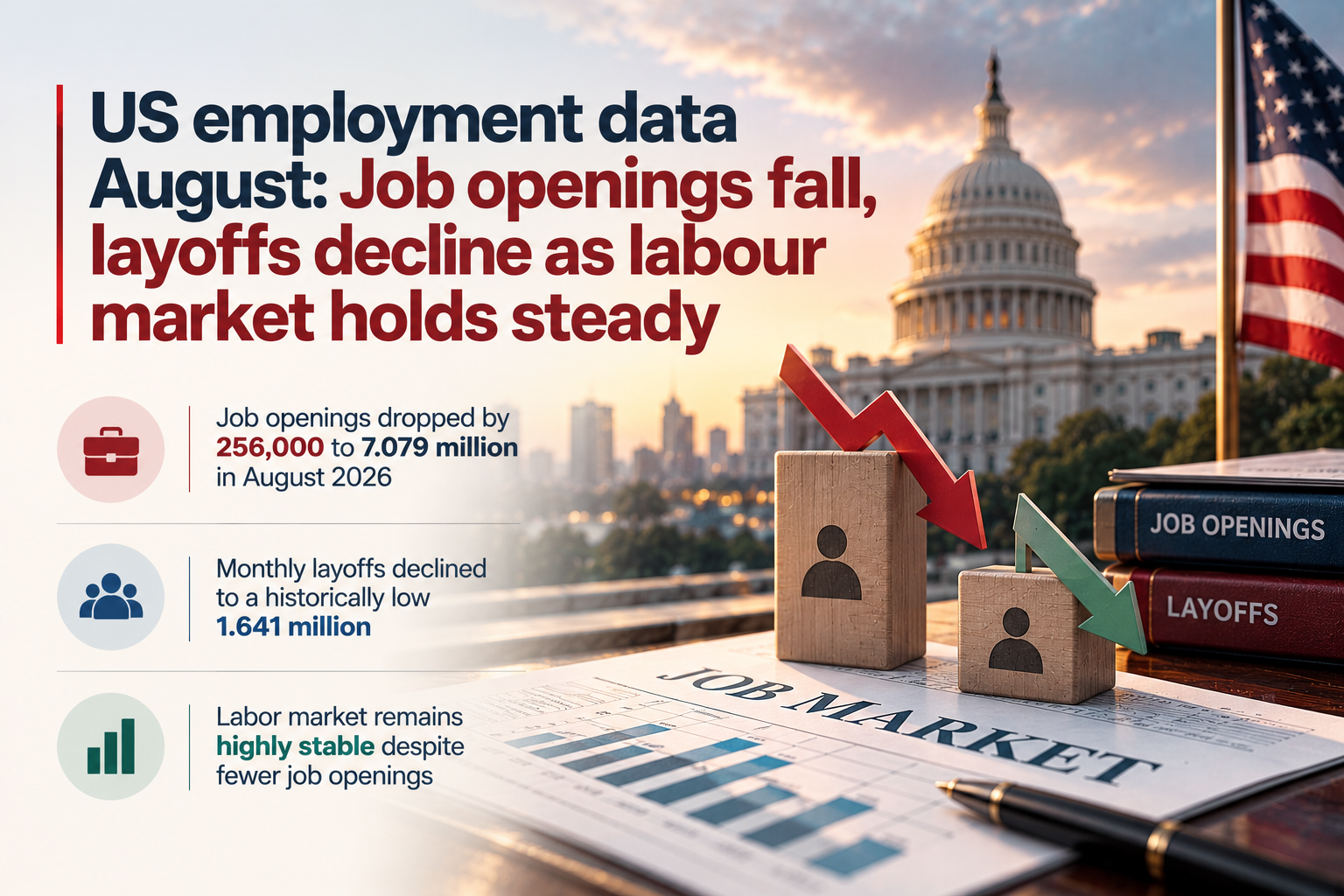 US employment data August: Job openings fall, layoffs decline as labour market holds steady