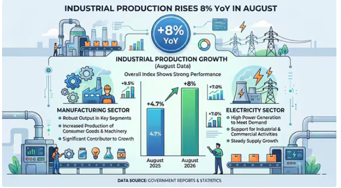 Industrial production up 8% YoY in August amid strong support from manufacturing and electricity, shows govt data