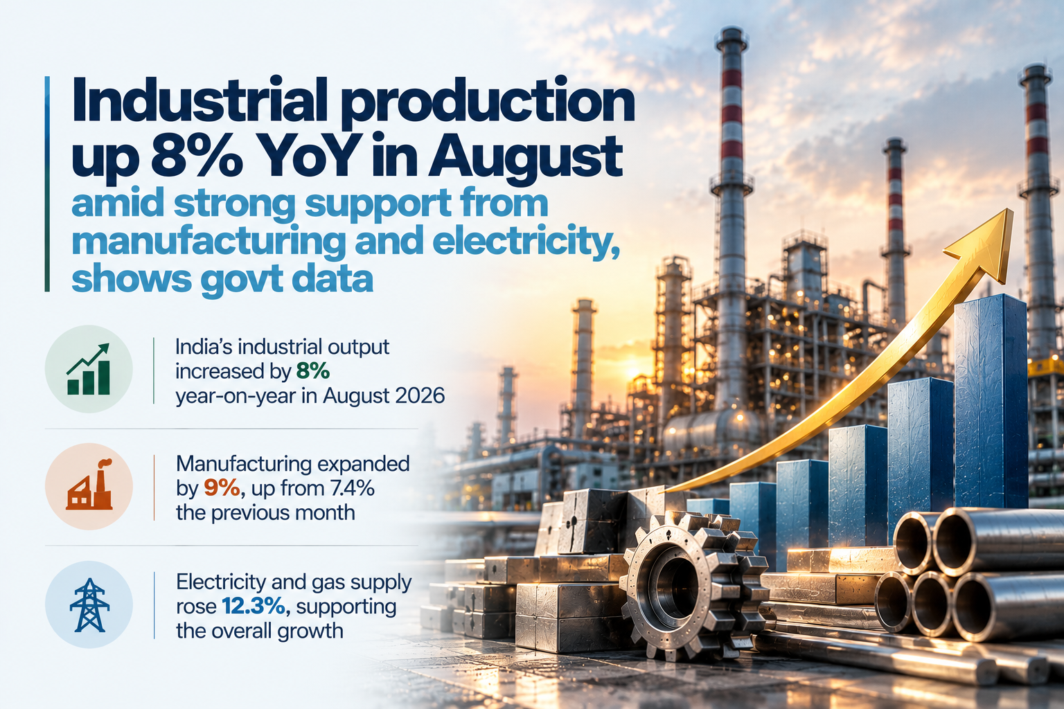 Industrial production up 8% YoY in August amid strong support from manufacturing and electricity, shows govt data